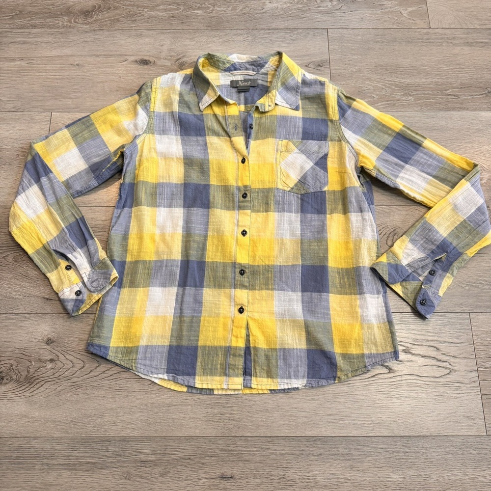 Natural Reflections Button Down Shirt Small Cotton‎ Yellow Blue Plaid LS Top